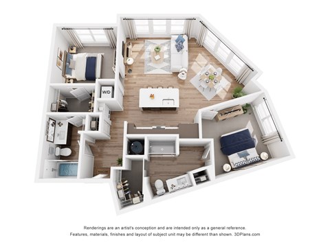 Floor plan for 2 beds, 2 baths, 1096 sqft